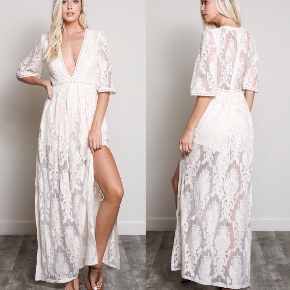 Honey Punch Lace White Long Maxi Dress NWT - Picture 2 of 4